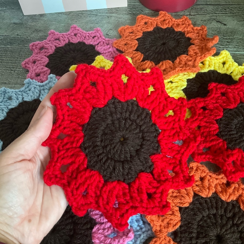 Sunflower Handmade Crochet Coasters 4 Pack - Red